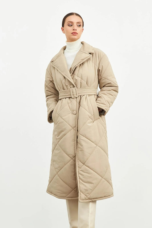 Belt Button and Pocket Detailed Puffer Coat