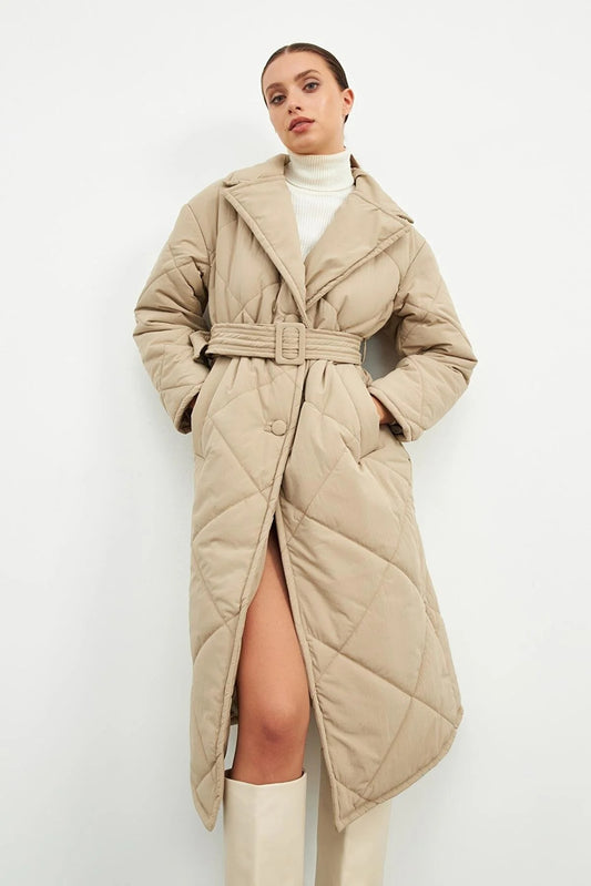 Belt Button and Pocket Detailed Puffer Coat