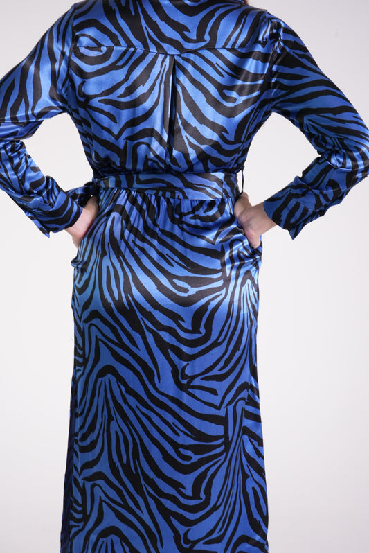 Saks Satin Slit Detailed Zebra Pattern Dress