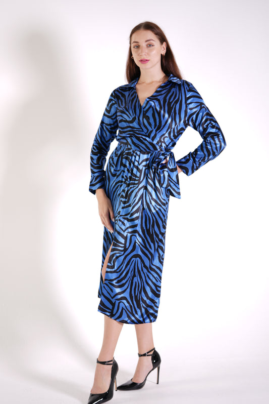 Saks Satin Slit Detailed Zebra Pattern Dress