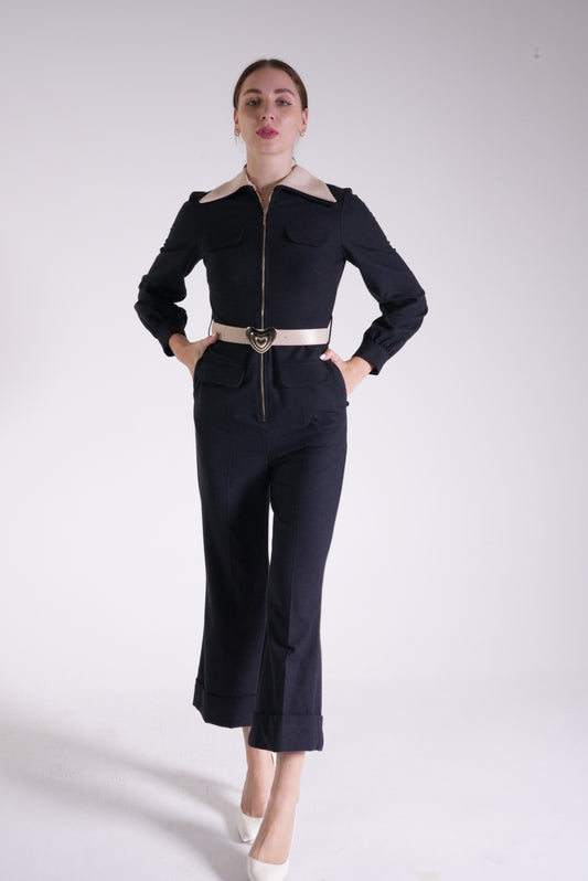 Two Color Jumpsuit with Belt Detail