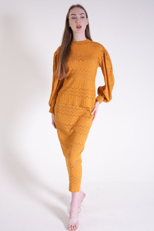 Mustard Patterned Knitwear Skirt Suit