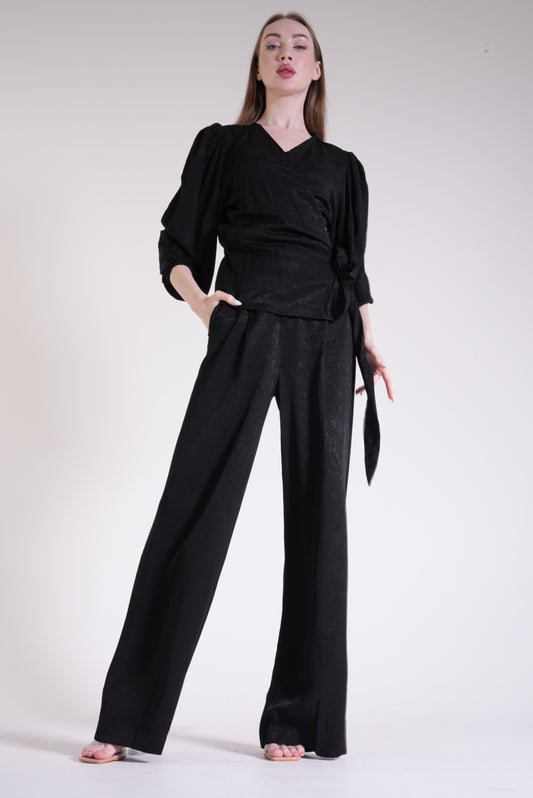 Wrap Drape Blouse with Relaxed Cut Trousers Set