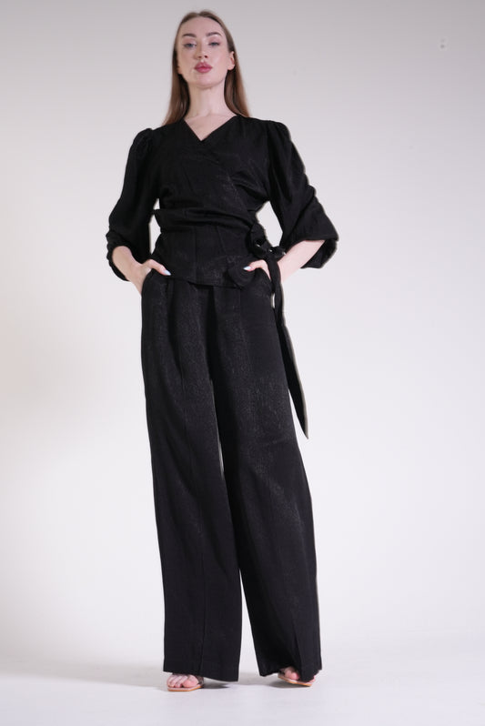 Wrap Drape Blouse with Relaxed Cut Trousers Set