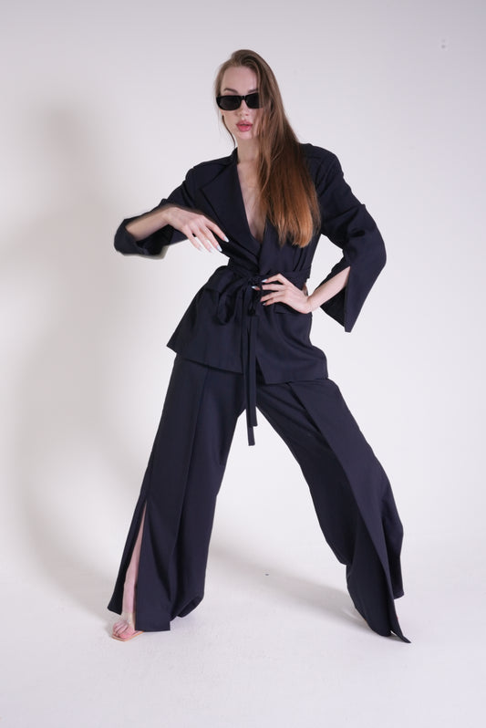 Wide Cut Trousers and Open Back Jacket Set