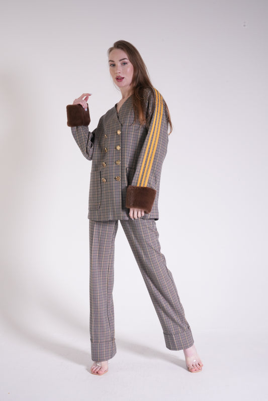 Beige-Yellow Plaid Patterned Fur Detailed Suit