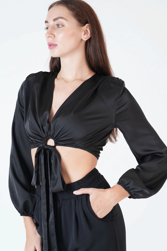 Long Sleeve Plain Satin Top For Women