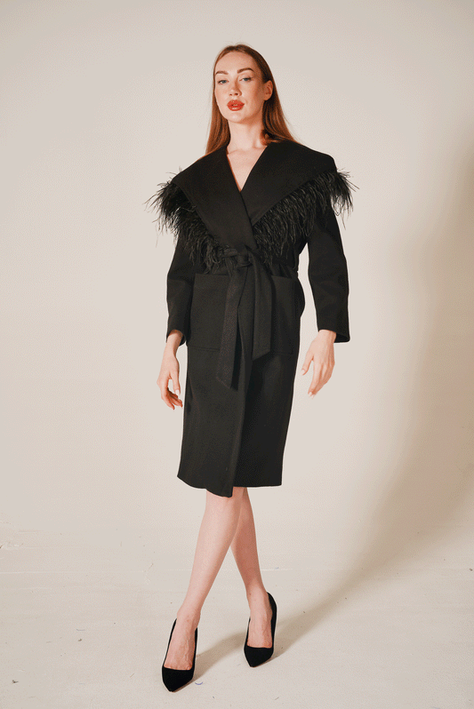 BLACK COAT with Feather Hoody