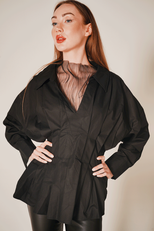 V-Neck Pleated Shirt Detailed Long Sleeve Blouse