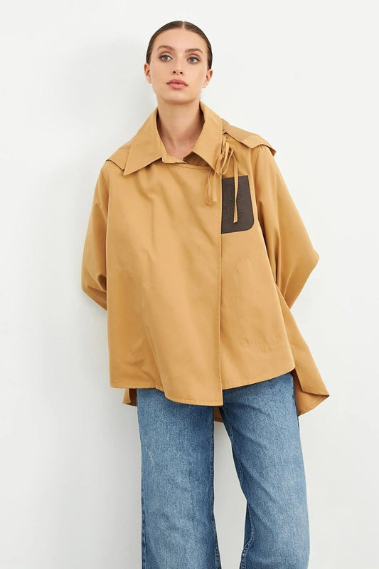 Tan Asymmetrical Short Trench Coat with Pocket Detail