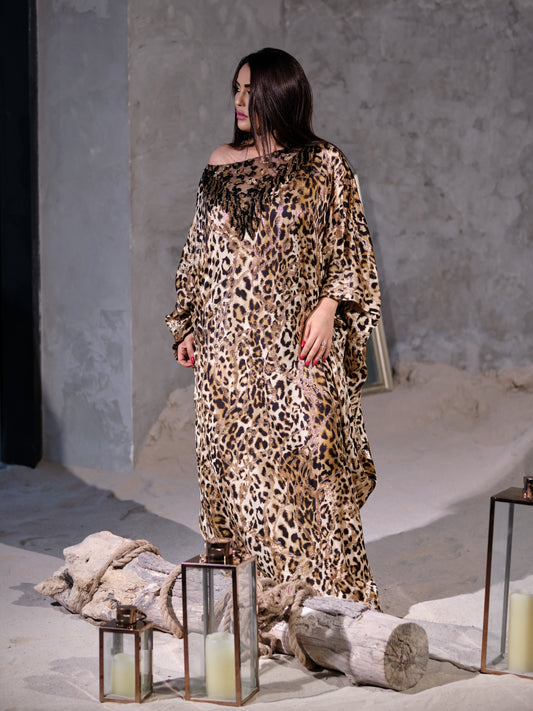 Leopard Kaftan Dress with Hand Made Embroidery | Free Size