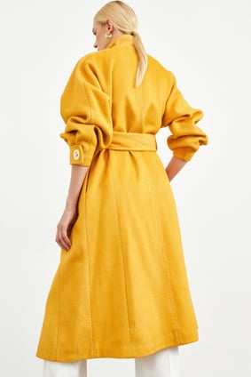 Women's Coat with Yellow Belt and Buttons on the Collar