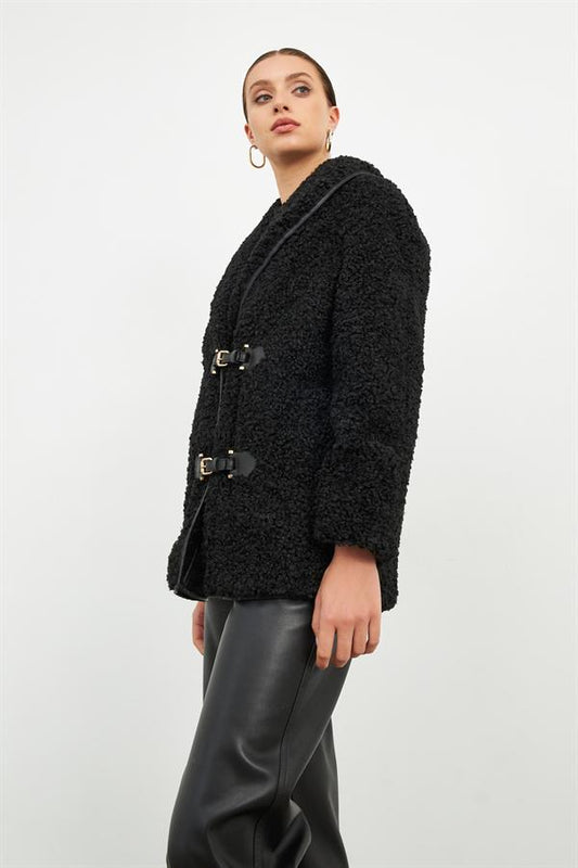 Black Soft Textured Button Detailed Jacket