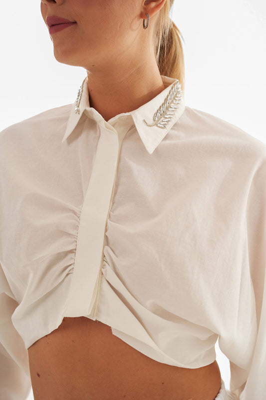 Crop Top Shirt with Pearls Collar